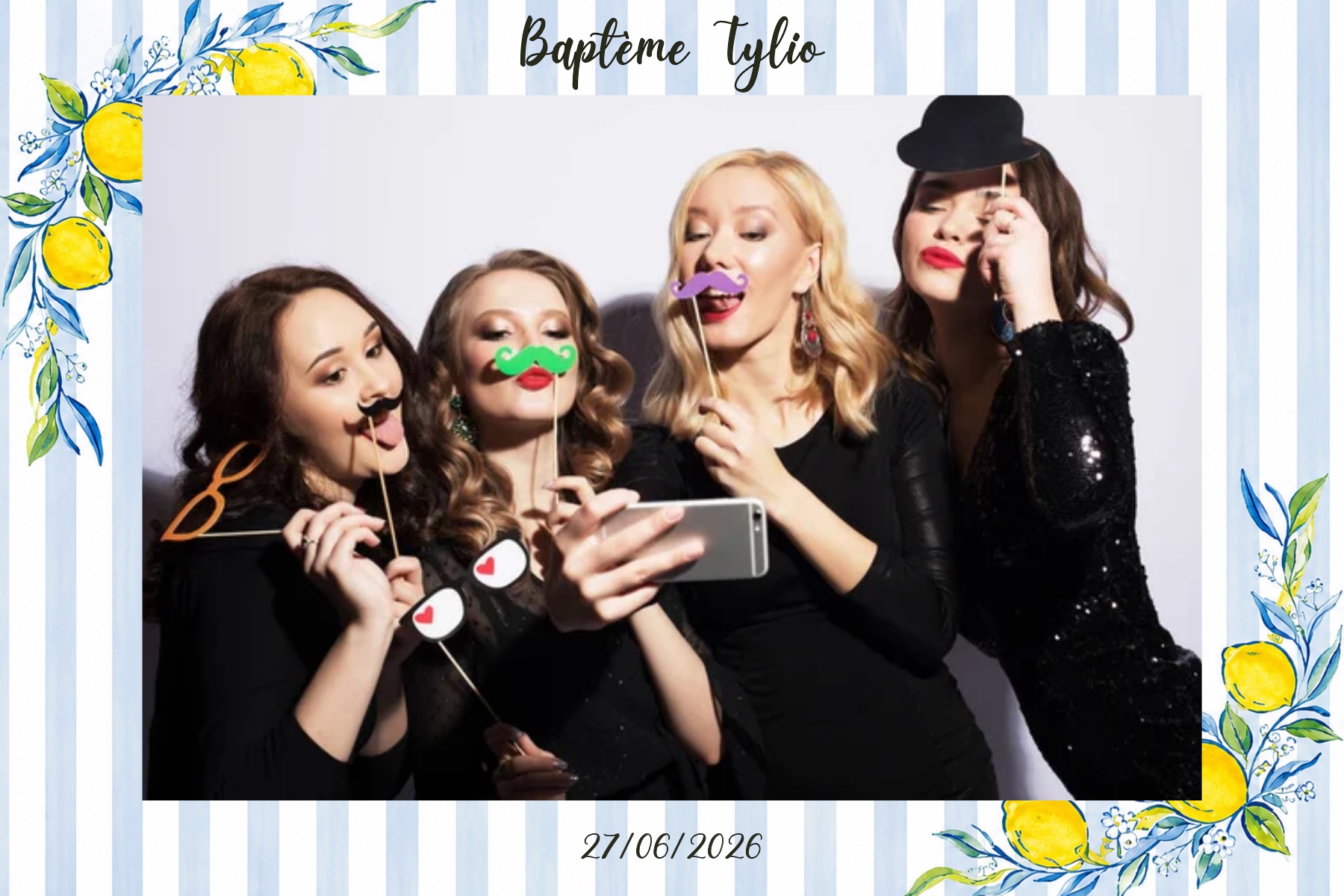Cadre photobooth baptême thème citrons et rayures bleues - IDconception animation photo Provence