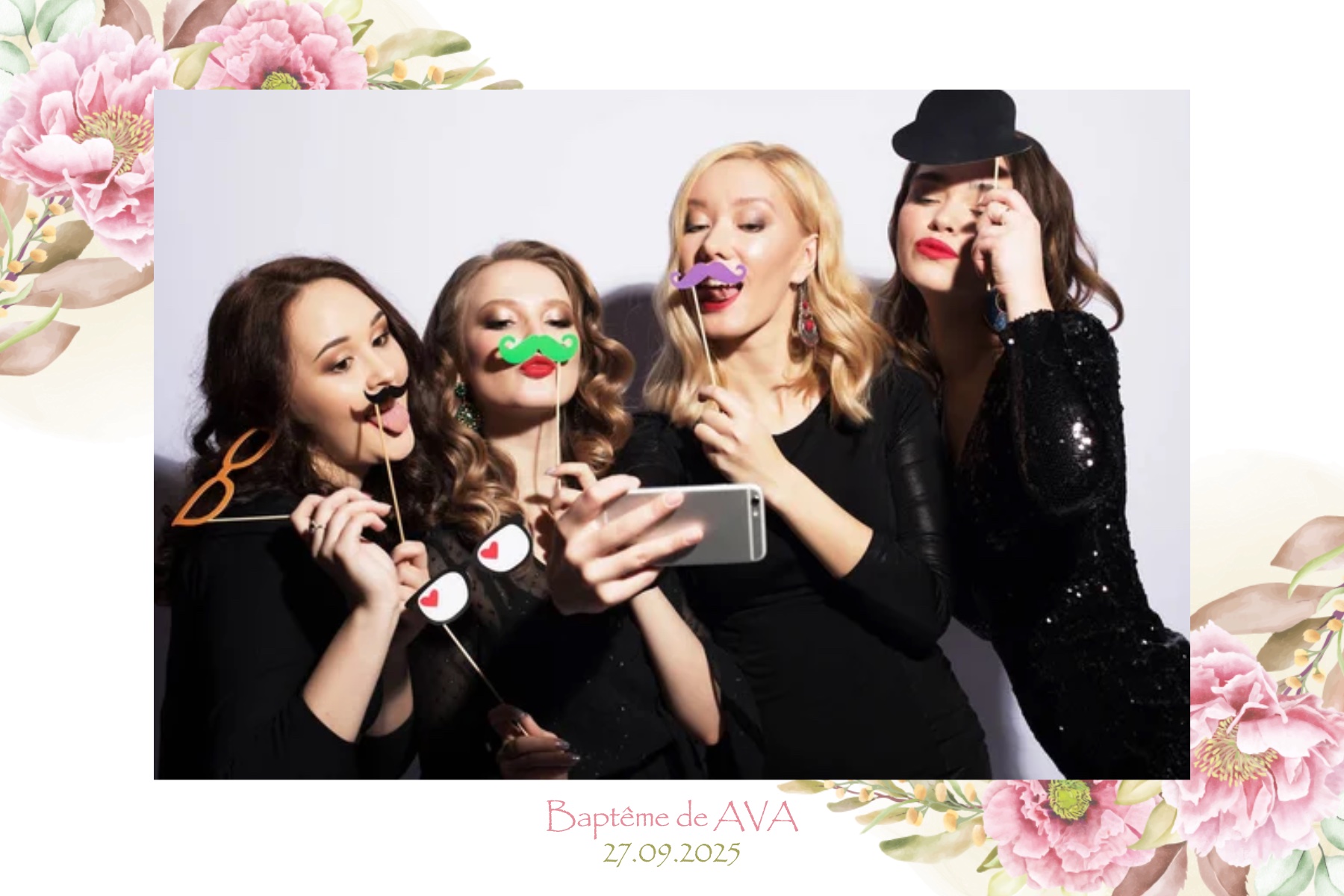 Cadre photobooth baptême fleurs roses pastel personnalisé - borne photo baptême Saint-Martin-de-Crau