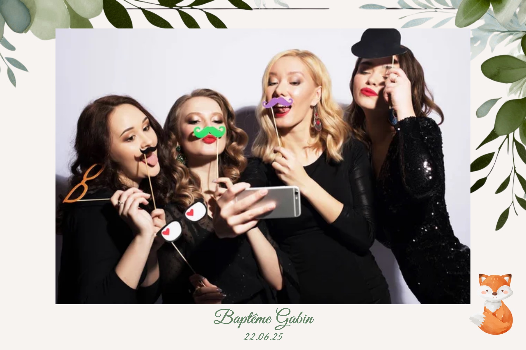 Cadre photobooth baptême thème renard et feuillage vert - animation photobooth baptême Alpilles