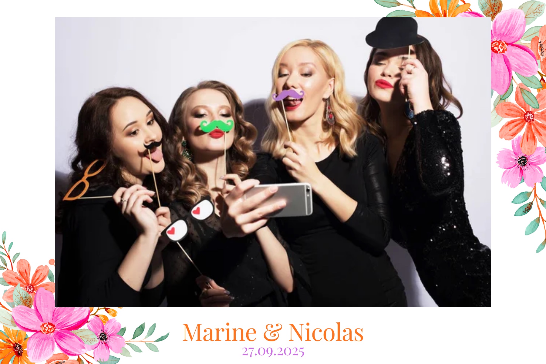 Cadre photobooth mariage fleurs orange et roses champêtre - IDconception animation photo Provence